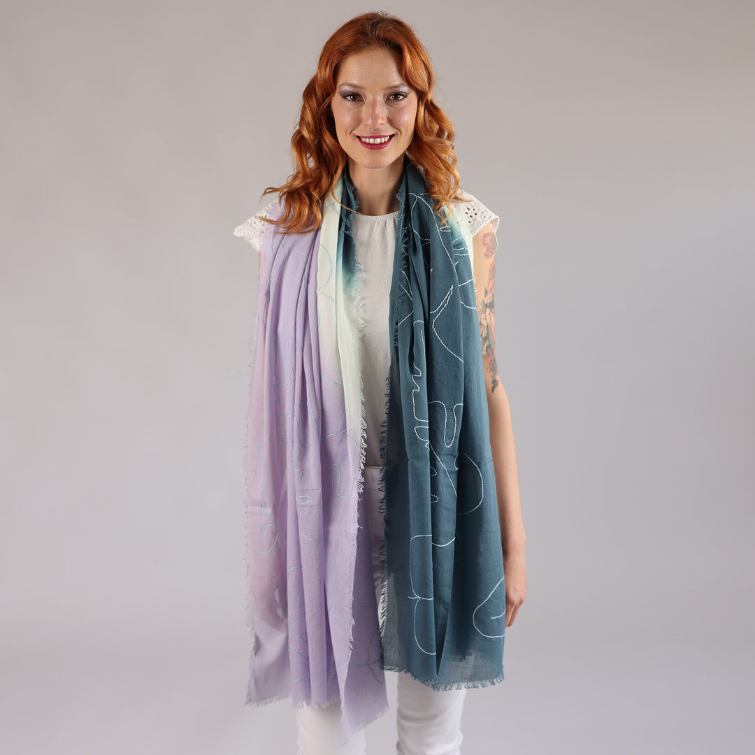 Amazzonia - sciarpa in cotone sfumata e ricamata