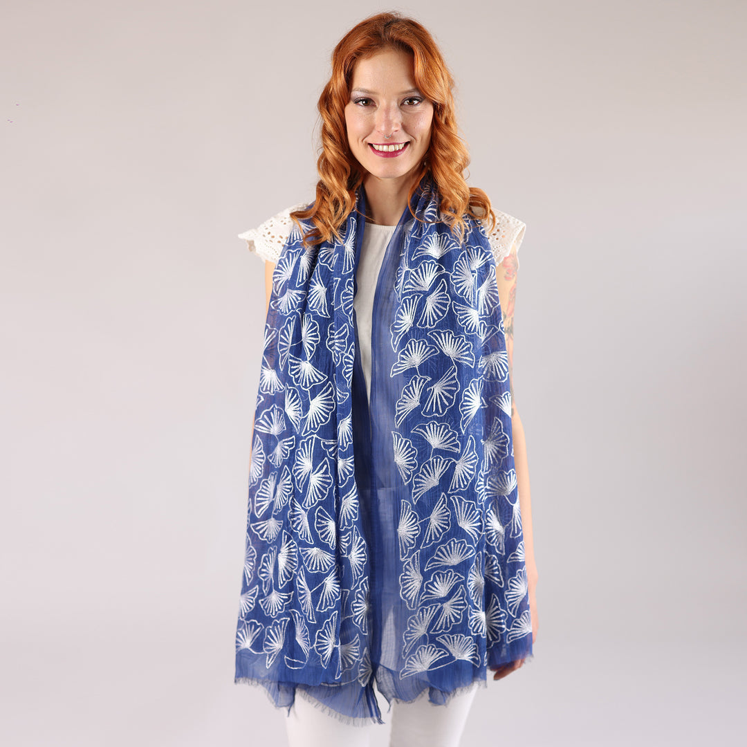 Biloba - sciarpa in cotone/seta ricamata