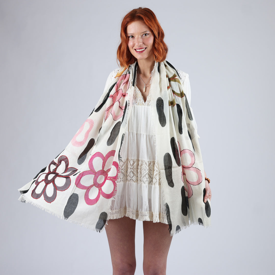 Flower_Power - sciarpa in cotone dipinta a mano e ricamata