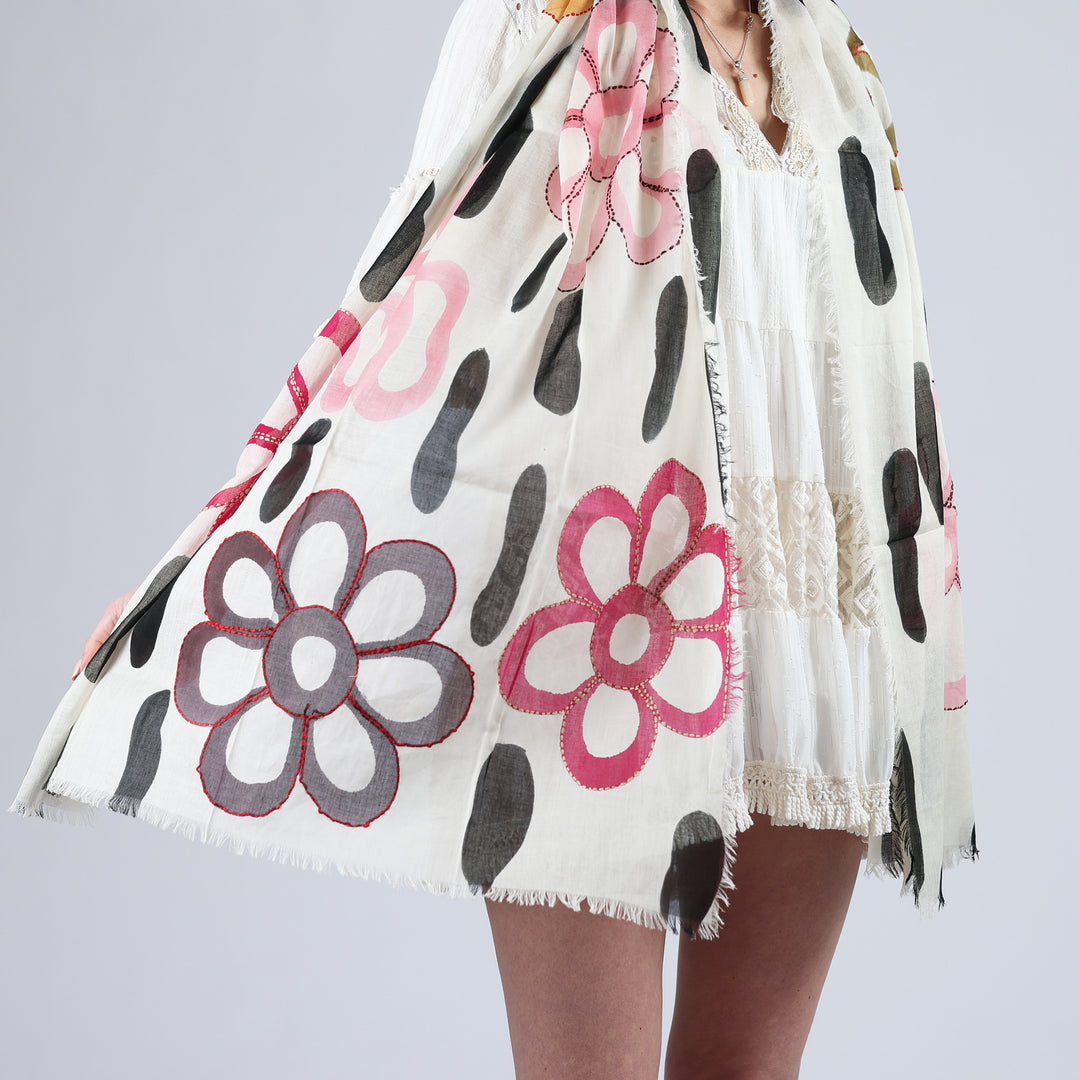 Flower_Power - sciarpa in cotone dipinta a mano e ricamata