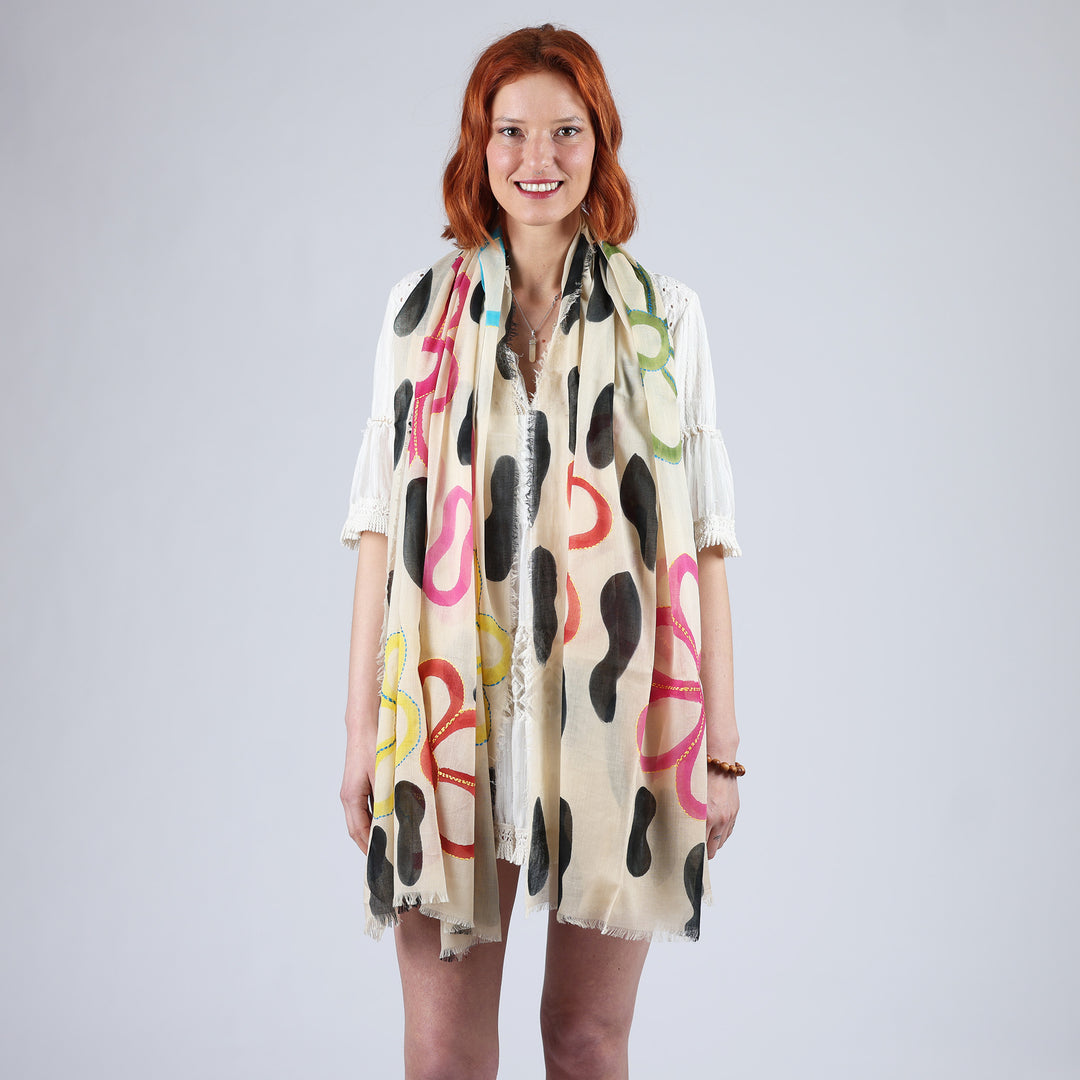 Flower_Power - sciarpa in cotone dipinta a mano e ricamata