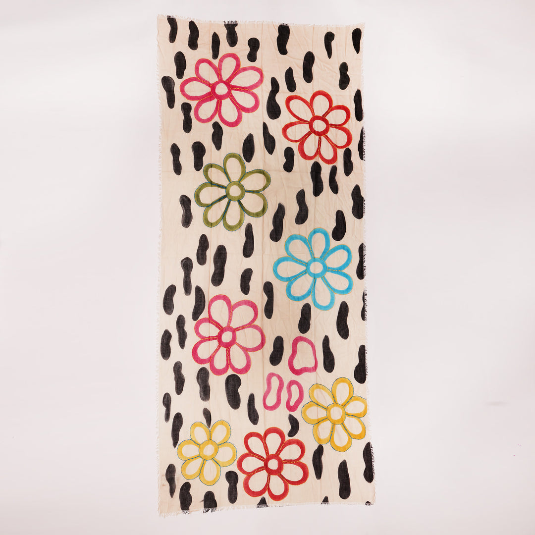 Flower_Power - sciarpa in cotone dipinta a mano e ricamata