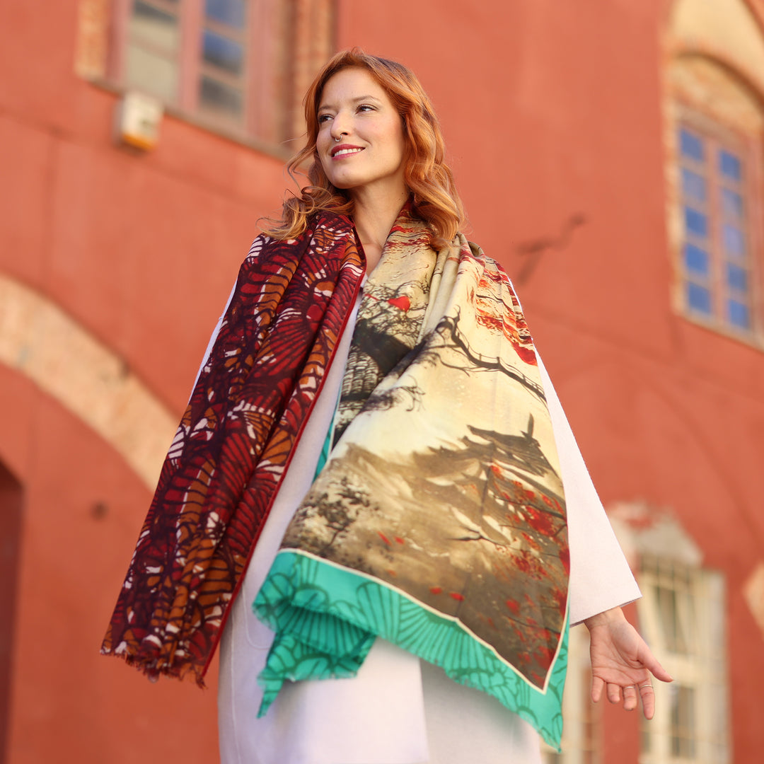 Osaka - wool and silk scarf with velvet ribbons